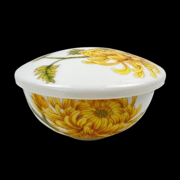 Vintage Minh Long Porcelain Trinket Dish w Lid Yellow Chrysanthemum Design - Picture 2 of 11